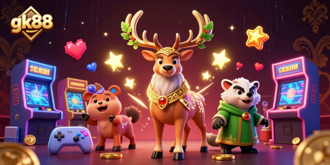 Engage in thrilling gaming at gk88 with vibrant 3D casino characters and arcade machines.