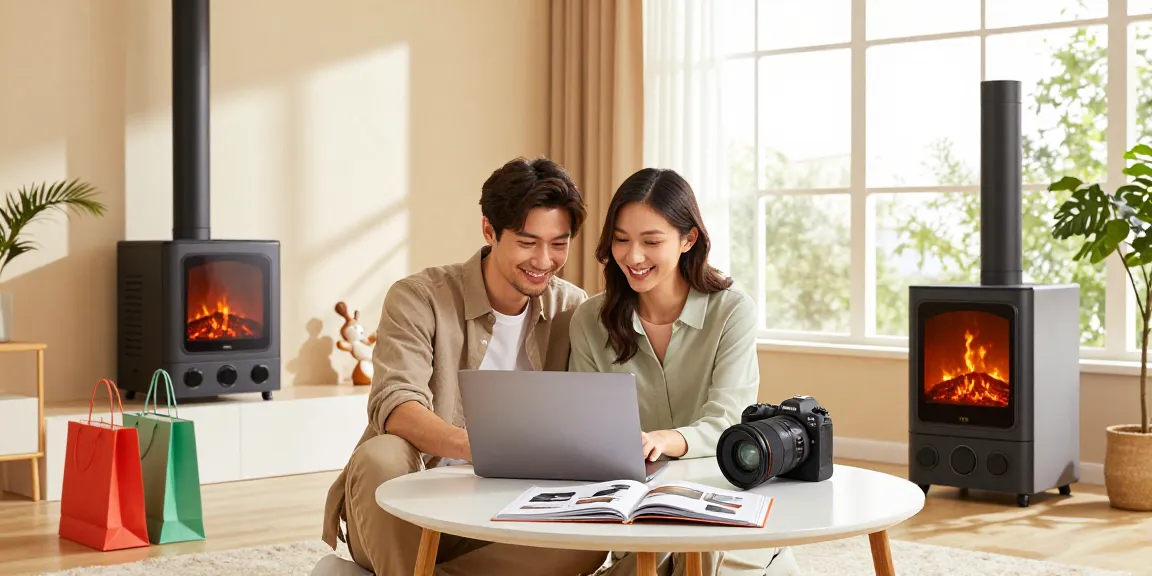 Couple shopping online at izba24.by for home heating solutions with vibrant products displayed.