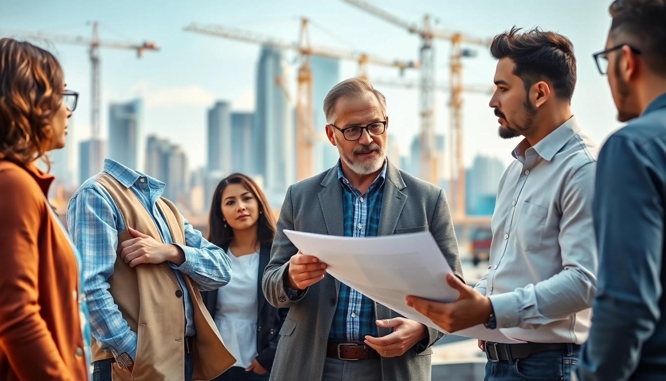 Engaged Manhattan General Contractor explaining projects to clients at a bustling construction site.
