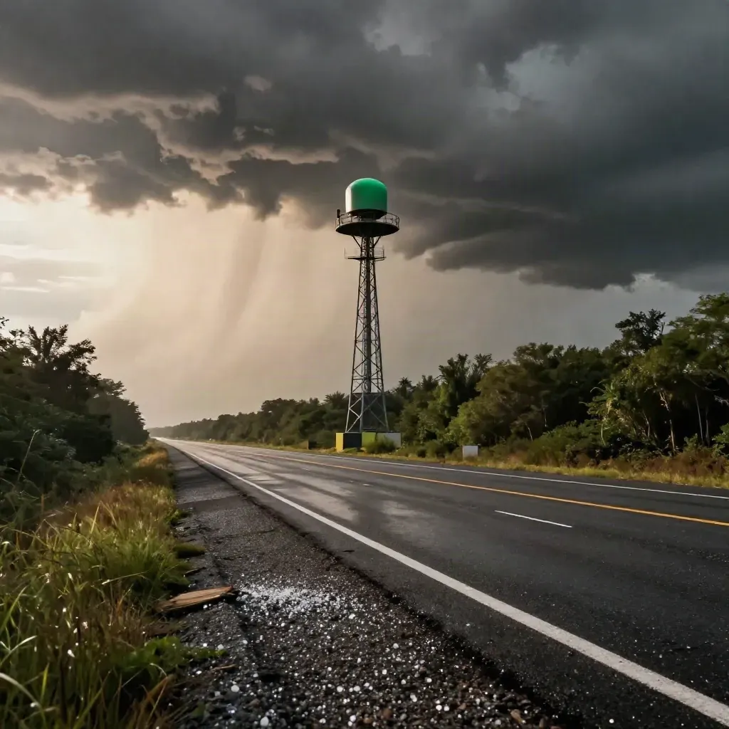 Storm radar tower above an empty highway as hail begins under a shelf cloud.