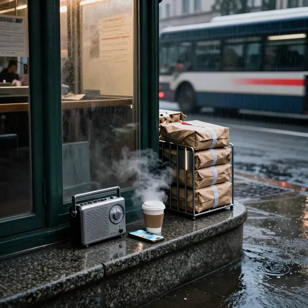 Rainy downtown news kiosk with phone glow, weather radio, coffee cup, and wet curb at dawn.