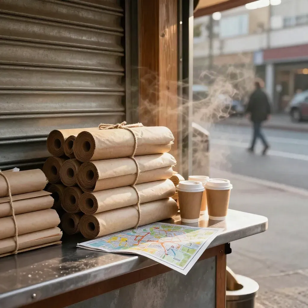 Sunrise newsstand with rolled papers, coffee cups and a folded map under half-raised shutters.