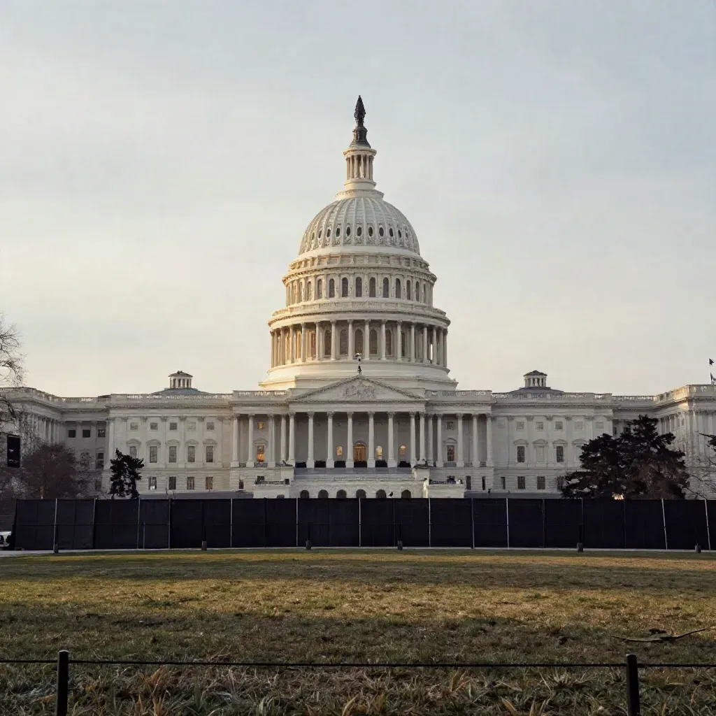 U.S. Capitol dome behind barriers and press risers under a cold overcast, flags snapping in winter haze.