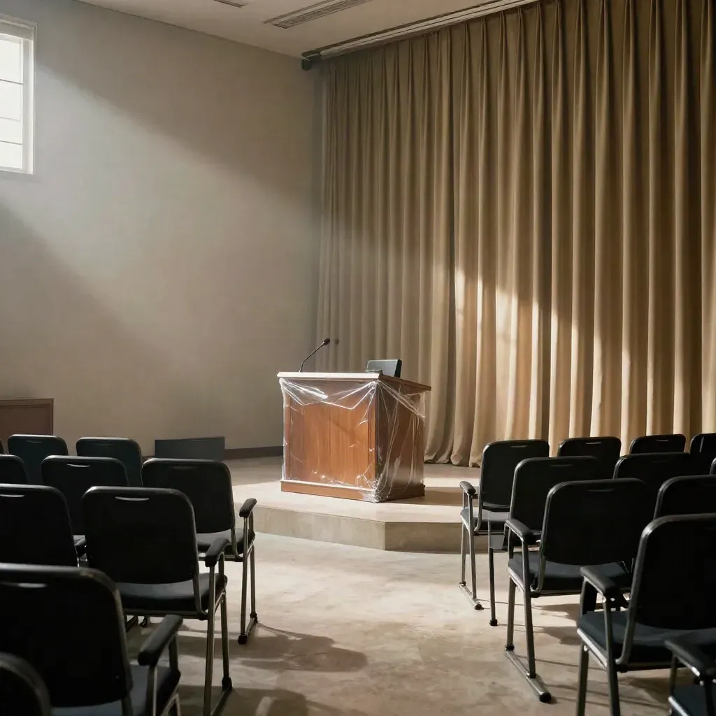 Empty briefing room with podium, microphones, and rows of chairs before an announcement