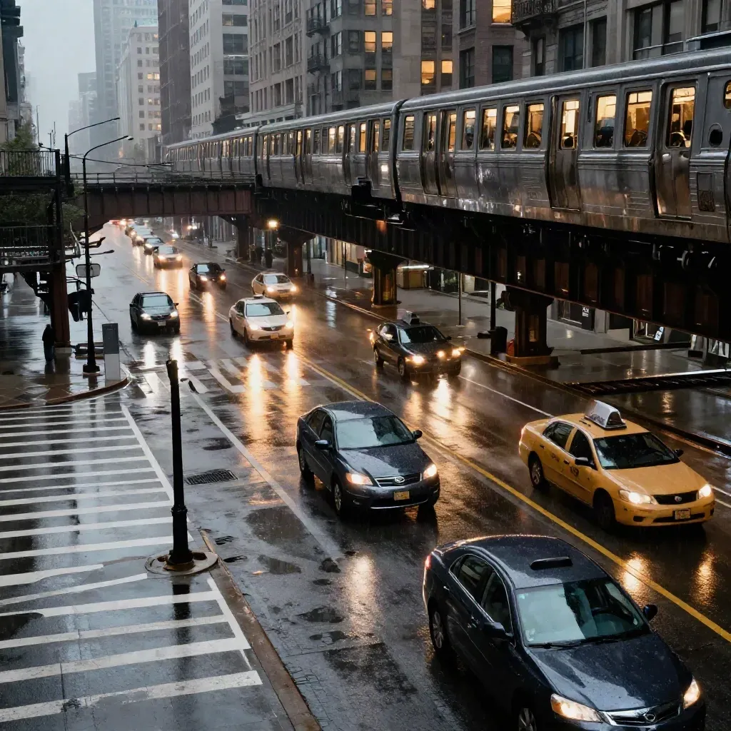 Rain-slick Chicago intersection under the L with taxi reflections and glowing towers at dusk.