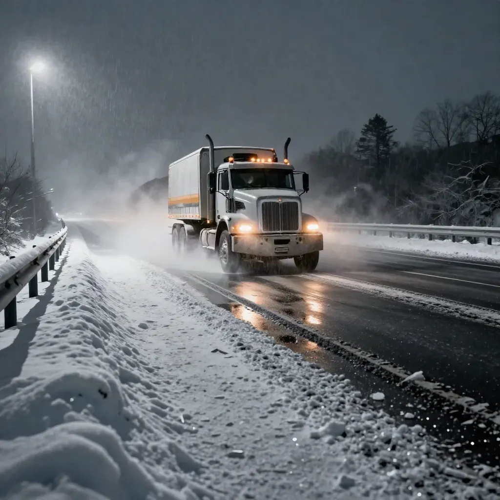 Snowplow cutting a fresh lane through a whiteout on an interstate at night.