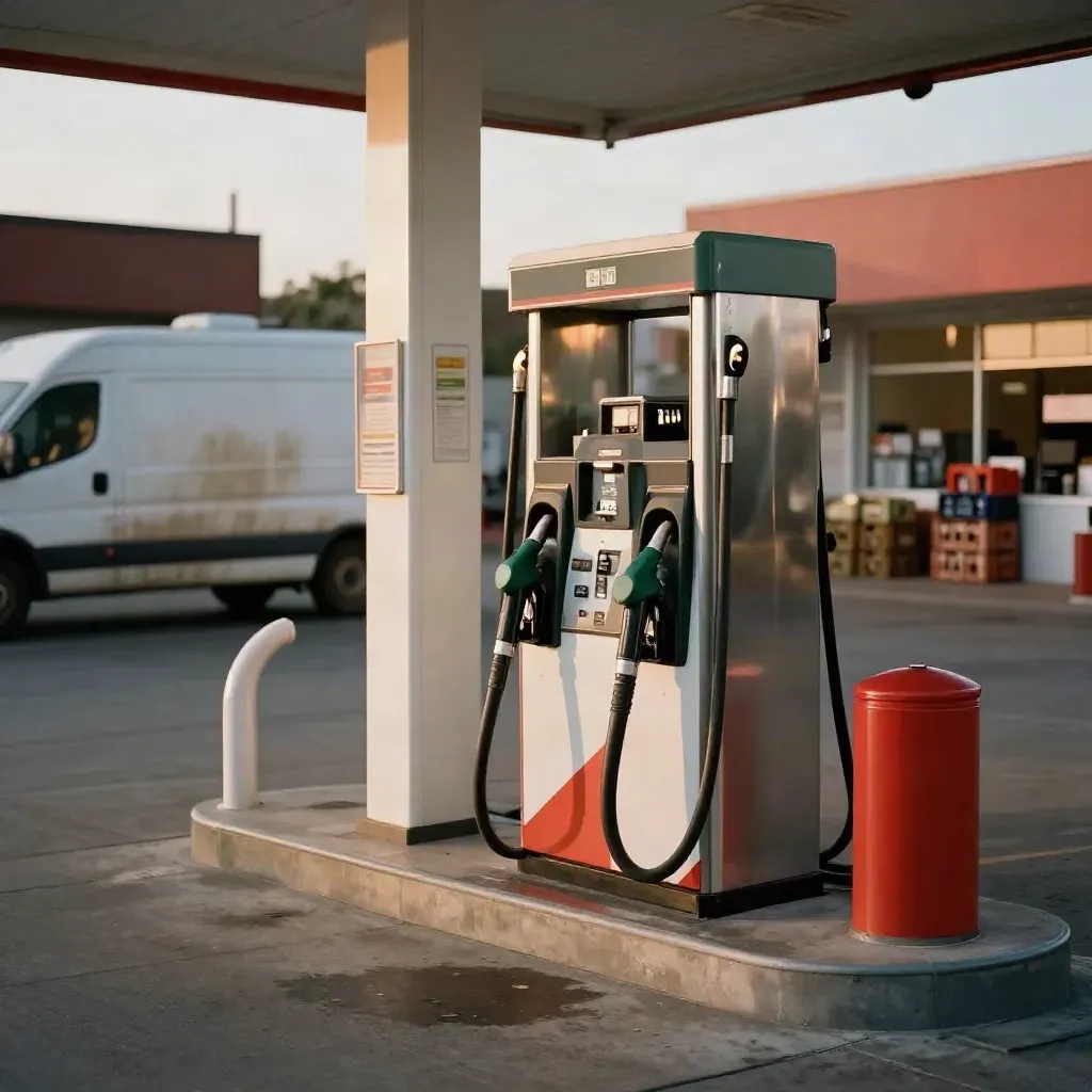 Gas station pumps, delivery van, and stacked crates at dusk with warm light.