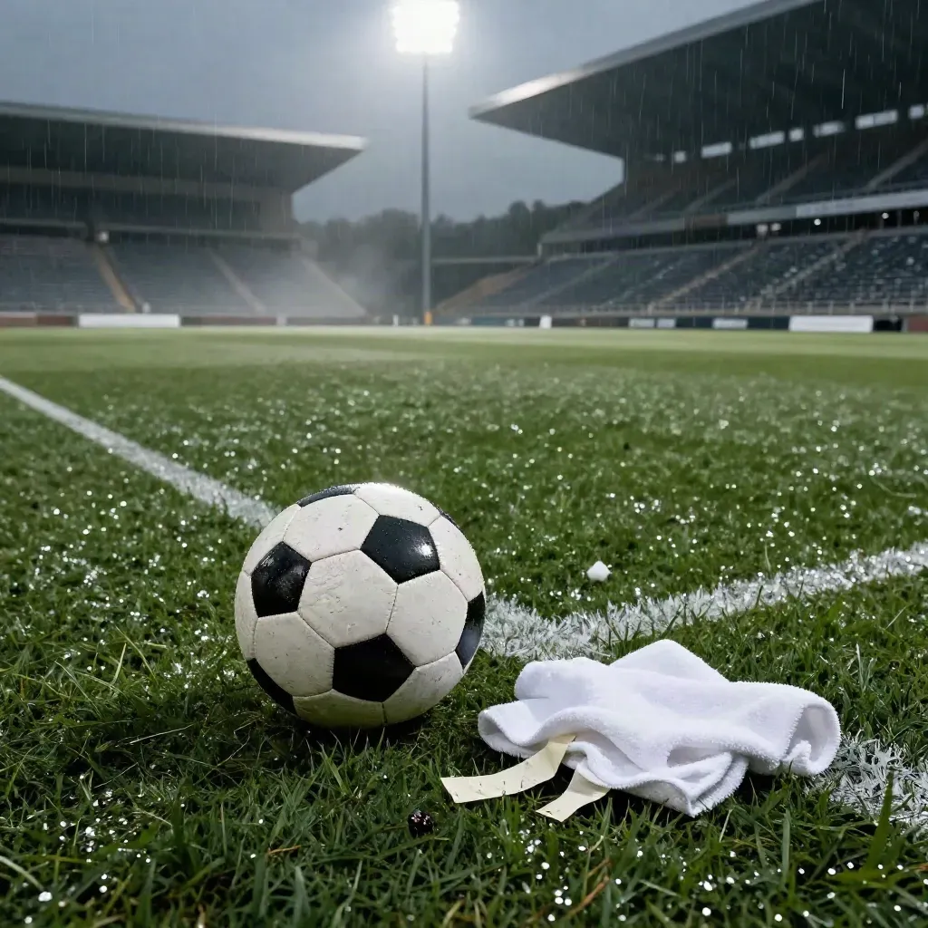 Rain-damp stadium sideline with a scuffed game ball, tape, towel, and empty bleachers under floodlights.