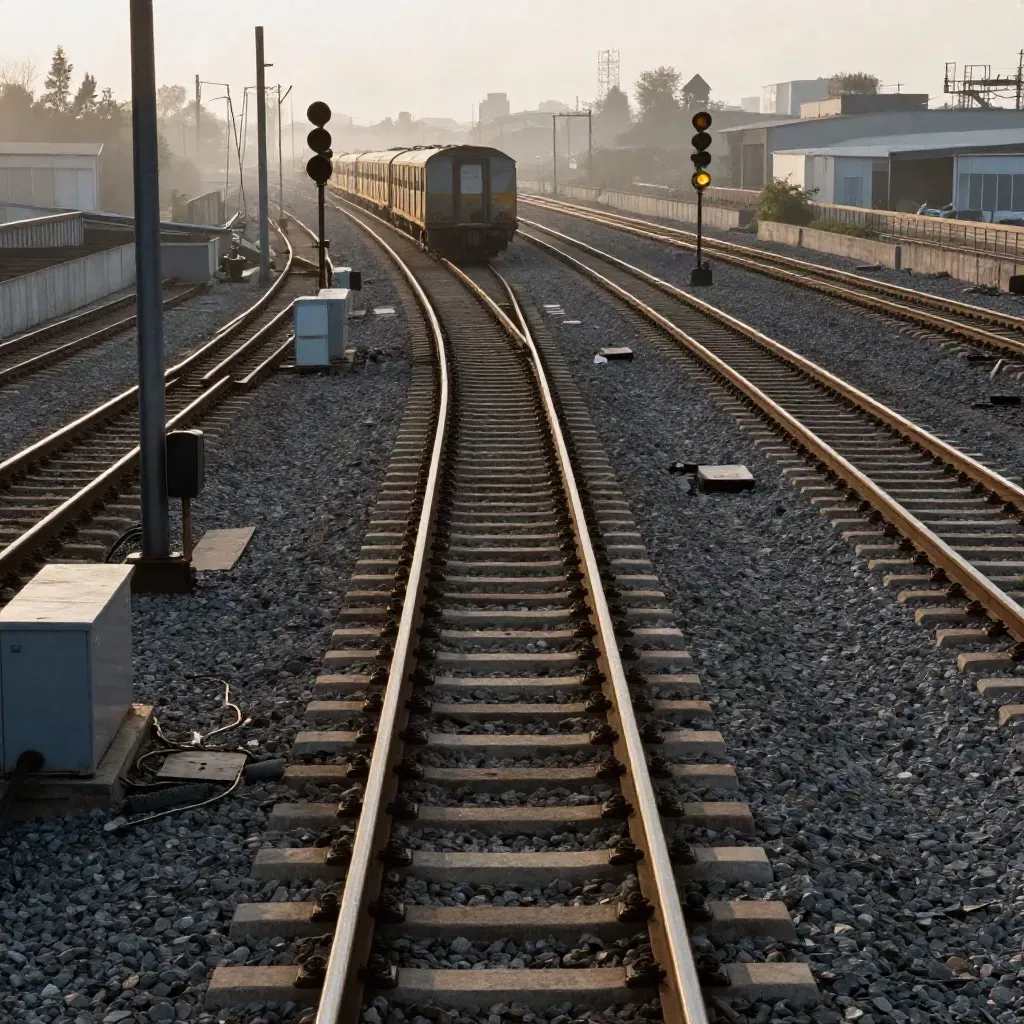 High rooftop view of a freight rail junction with a train threading braided tracks in dawn haze.