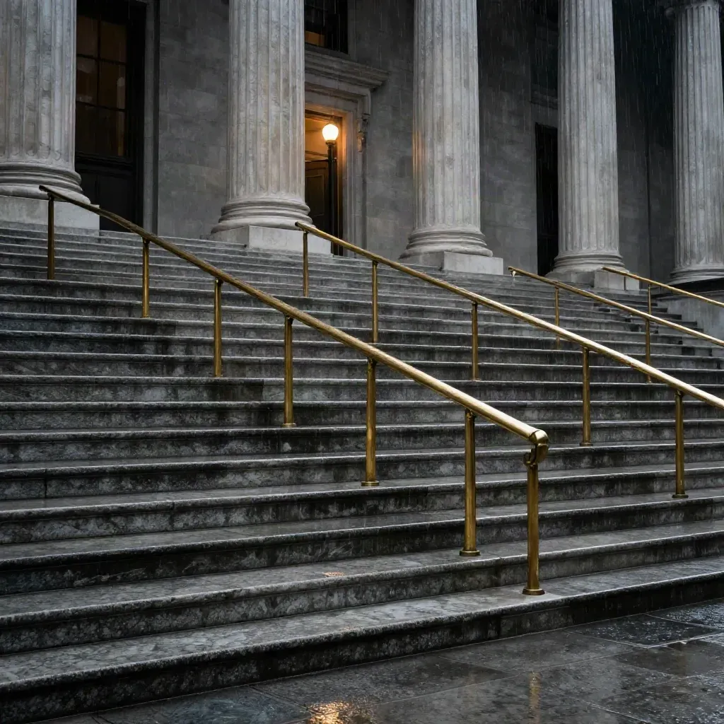 Rain-slick courthouse steps, brass rails, and a glowing lamp beneath a sealed doorway.
