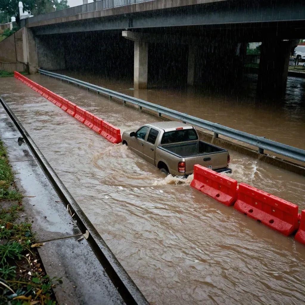 Flooded underpass with stranded pickup, barricades, and rushing storm runoff from above.