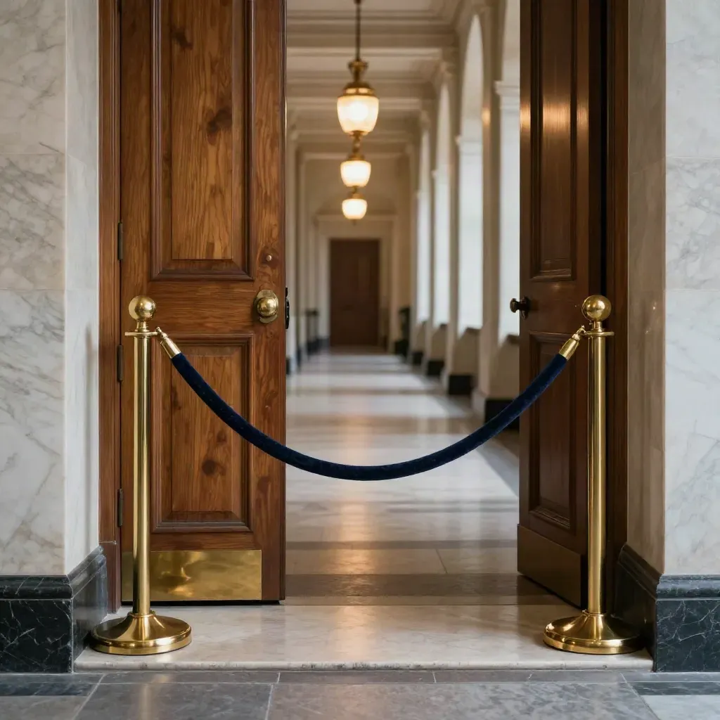 Empty marble Capitol corridor with brass stanchions and receding lamps
