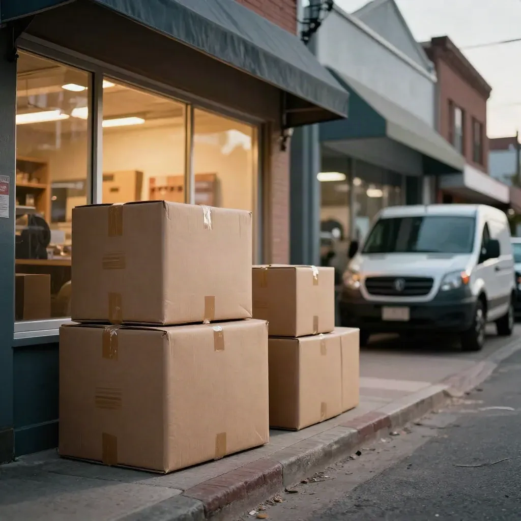Kraft boxes, awnings, and a parked cargo van outside glowing storefronts at dusk.