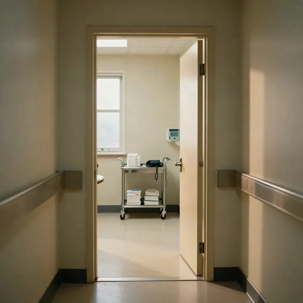 Empty clinic corridor with a lit exam room doorway, rolling cart, and blood-pressure cuff
