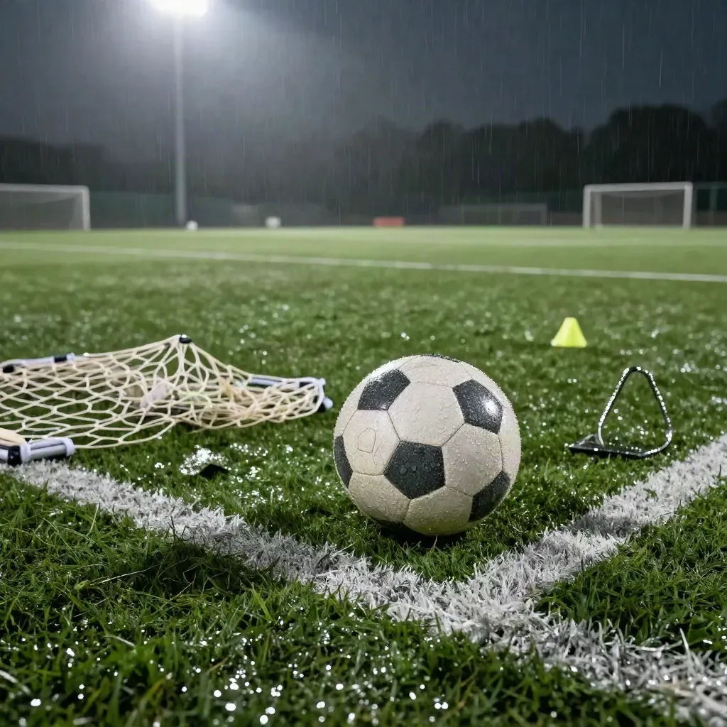 Rain-soaked soccer ball beside folded nets on a misty floodlit pitch