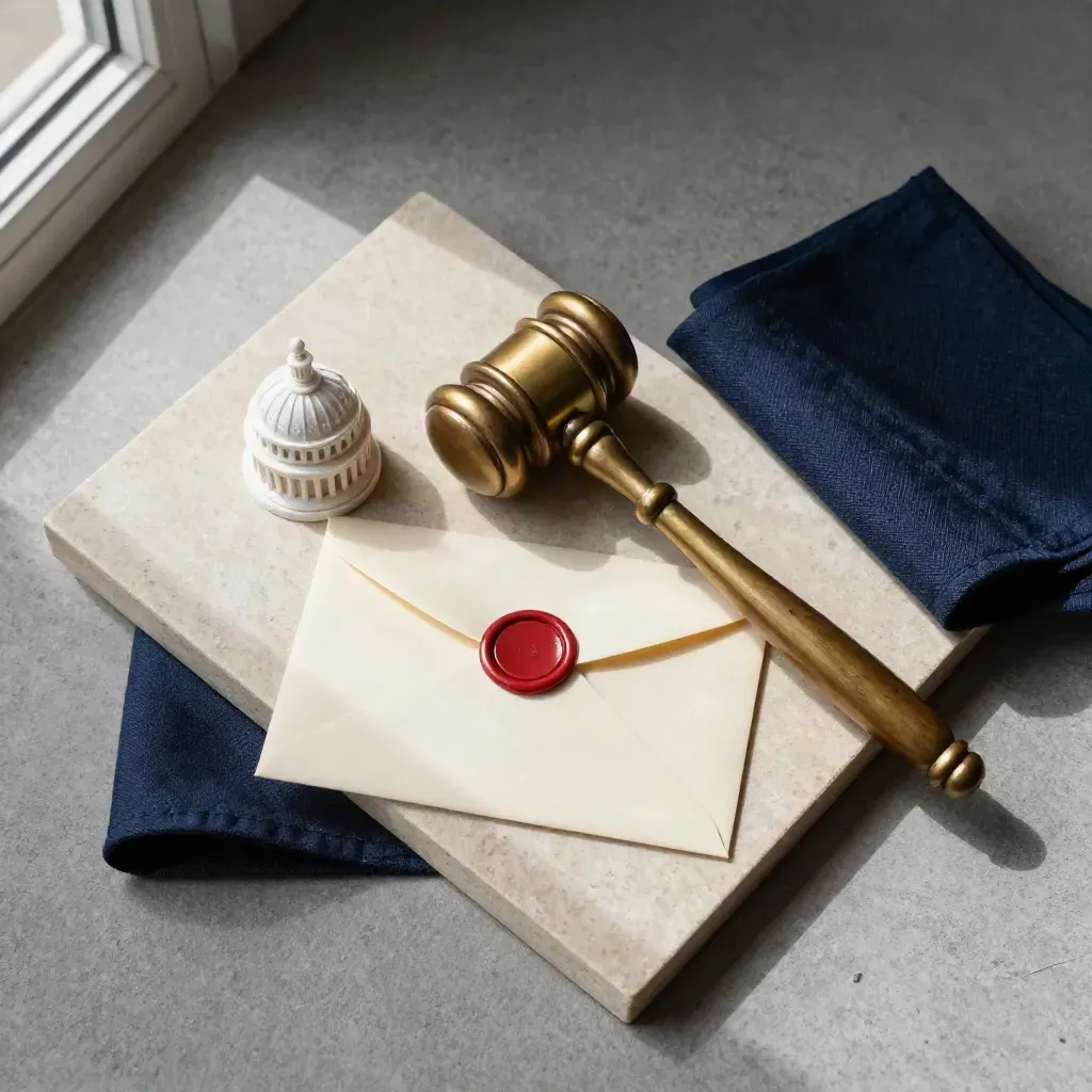 Brass gavel, Capitol dome model, wax-sealed envelope and navy cloth on pale stone.