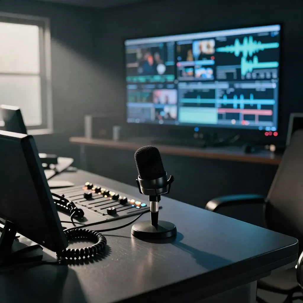 Empty broadcast control room with glowing monitors, podcast mic, and coiled cables in blue haze.