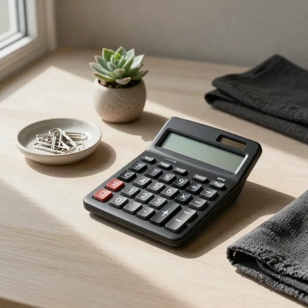 Overhead still life of a black calculator, paper clips, succulent, and folded cloth on pale wood.