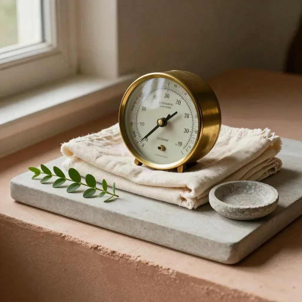 Brass barometer, linen towel, stone dish, and greenery on a concrete tray in soft light.