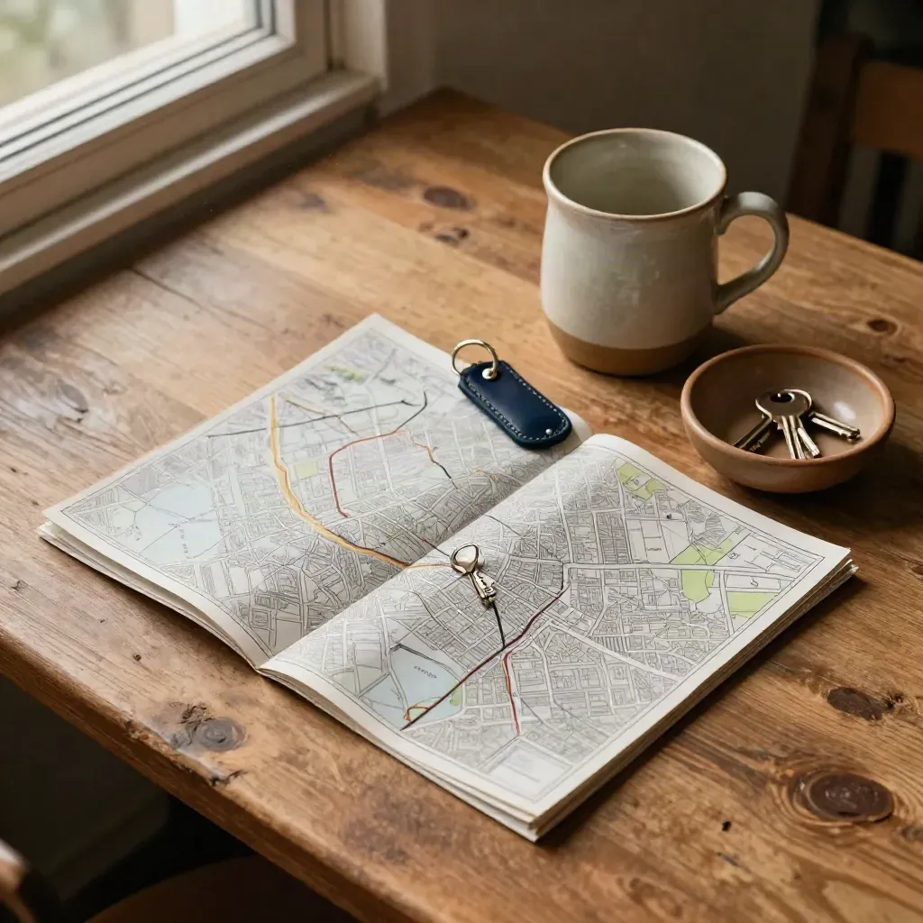 Folded city map, mug, keys, and bowl on worn wood in soft afternoon light.