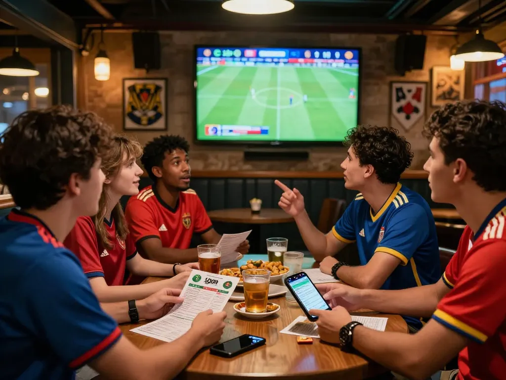 Fans engaged in sports betting with 1gom app during live football match.