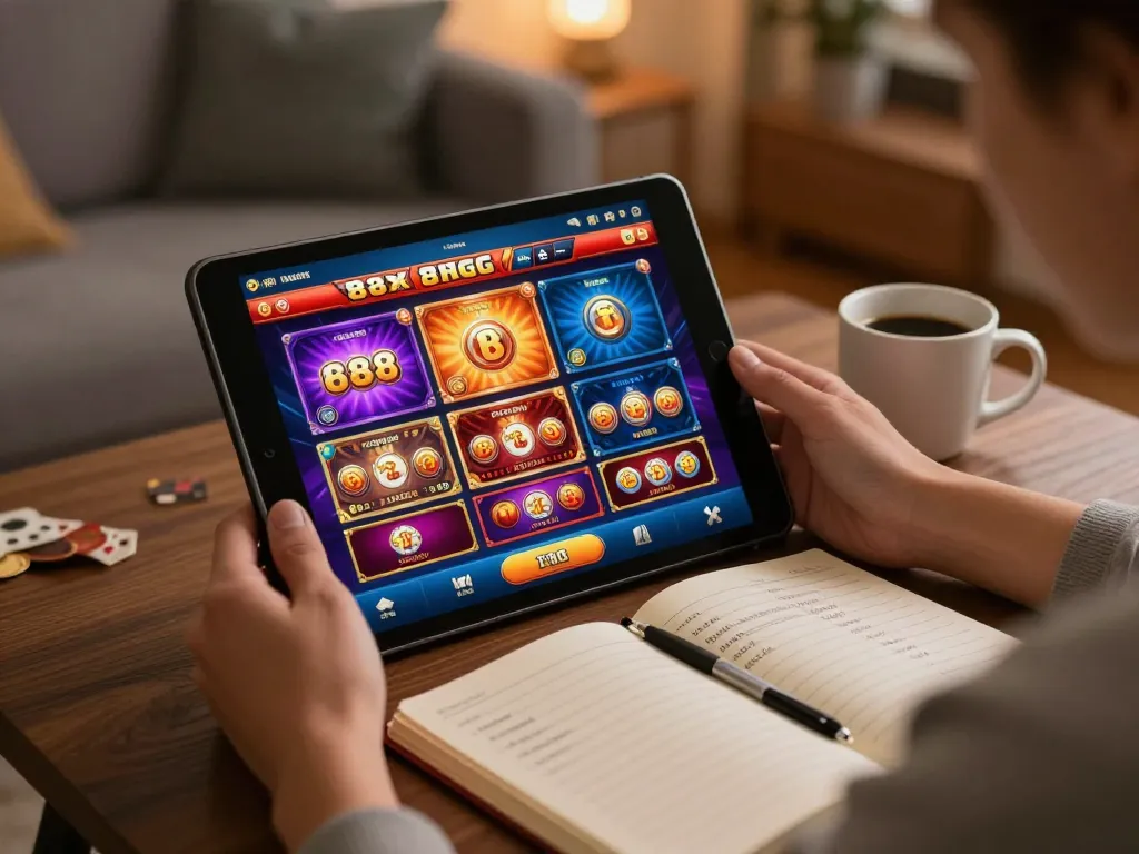 Engaged player explores gaming options on the 88xeng online casino app in a cozy home setting