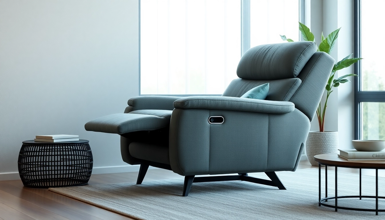 Relax in this stylish lay flat recliner chair set in a cozy, modern living room.
