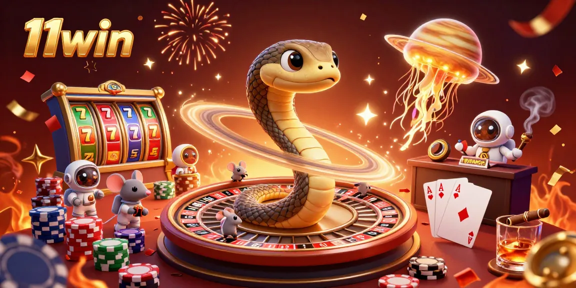 Experience the thrill at 11win with vibrant slot reels and captivating cosmic casino elements.