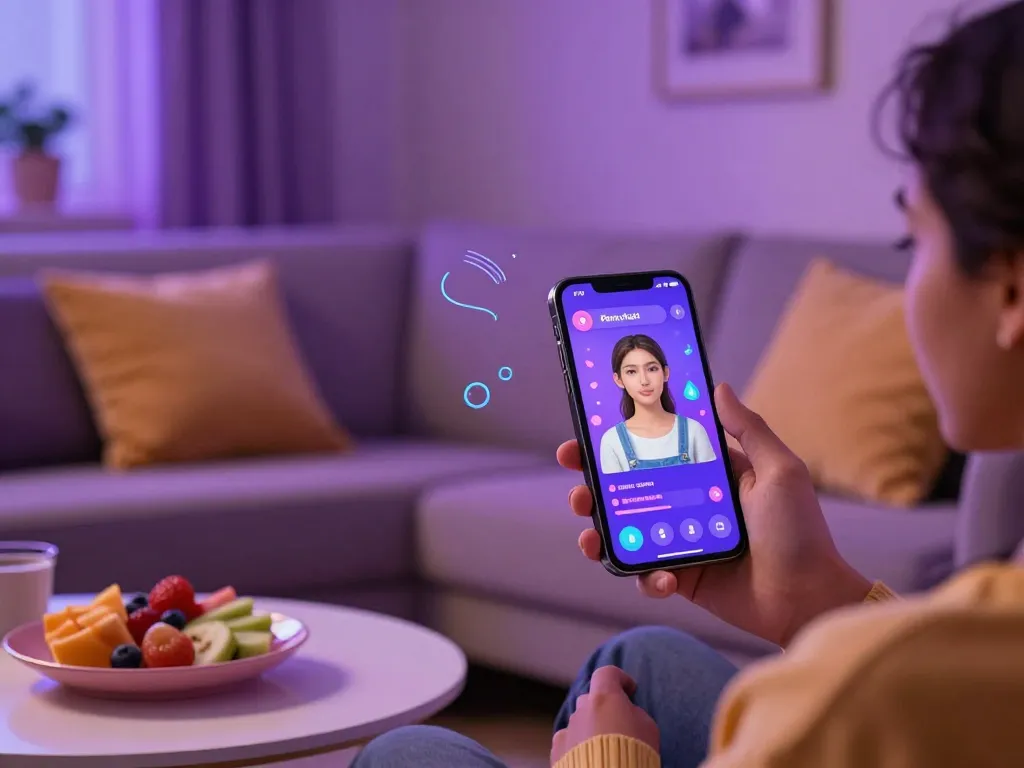 Engaging in a porn chat AI experience with interactive digital avatar and relaxed atmosphere at home.