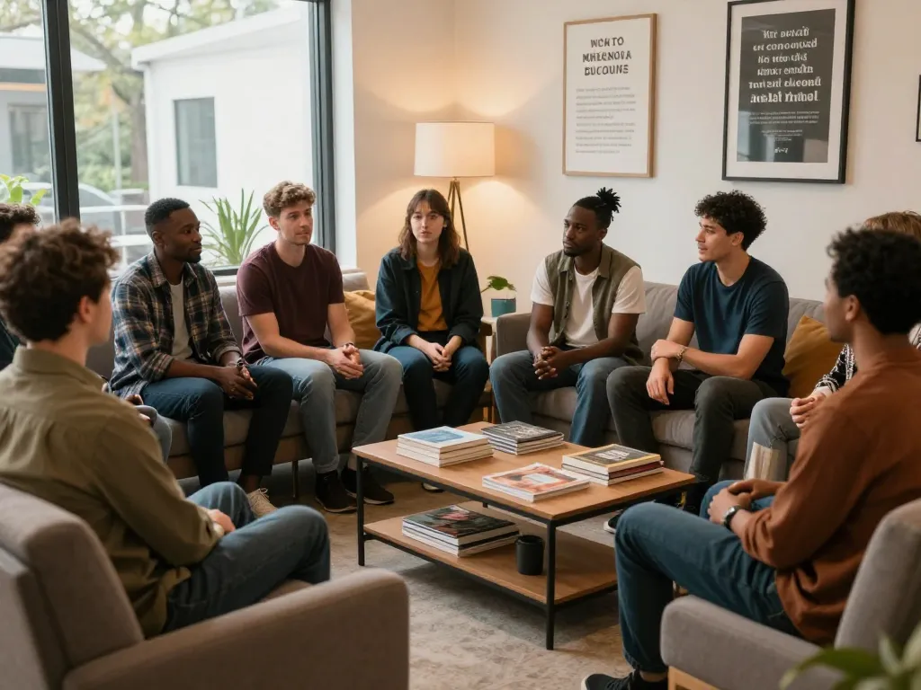 A supportive man club atmosphere with diverse men discussing and connecting over mental health.