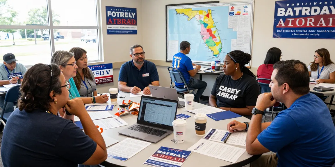 Community campaign volunteers discussing Casey Askar's election strategy in a vibrant center.