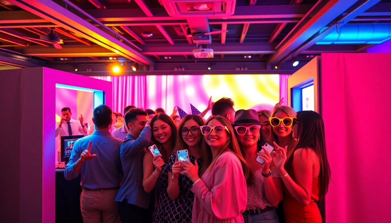 Engaged guests enjoying a vivid photo booth rental at a festive event full of fun props.