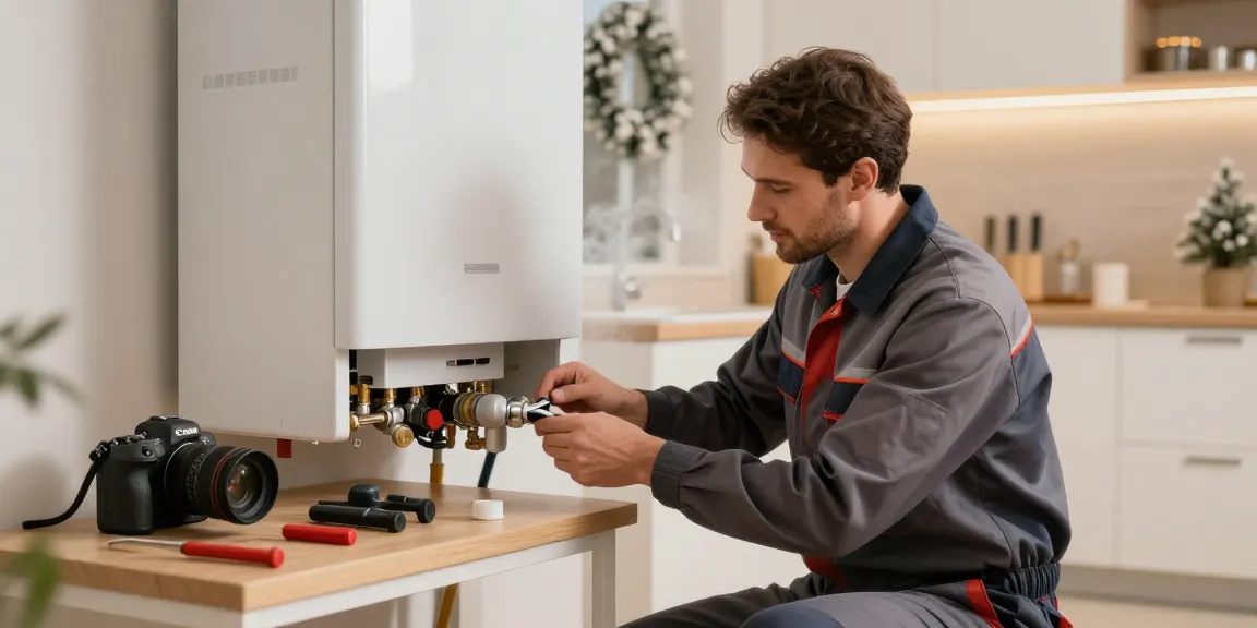 Technician delivering van kombi servisi in a modern home, ensuring optimal heating.