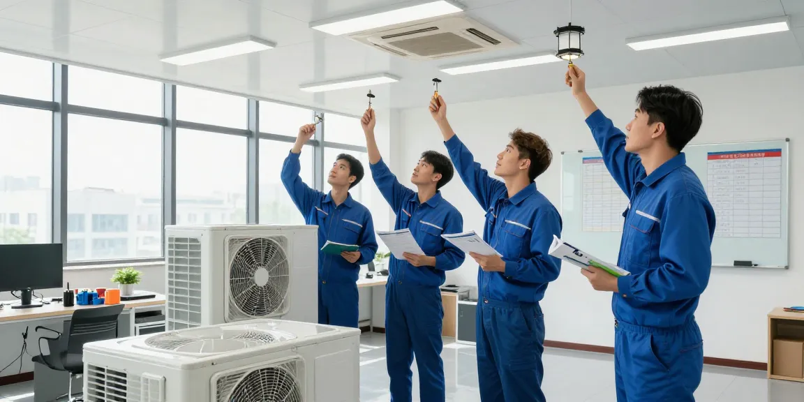 Facilities maintenance team performing inspection in a modern office setting.