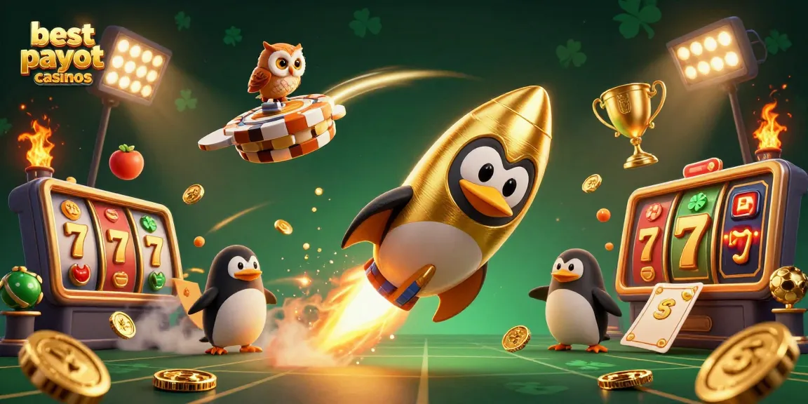 Explore the best payout casinos with a golden penguin and casino-themed elements in an exciting scene.