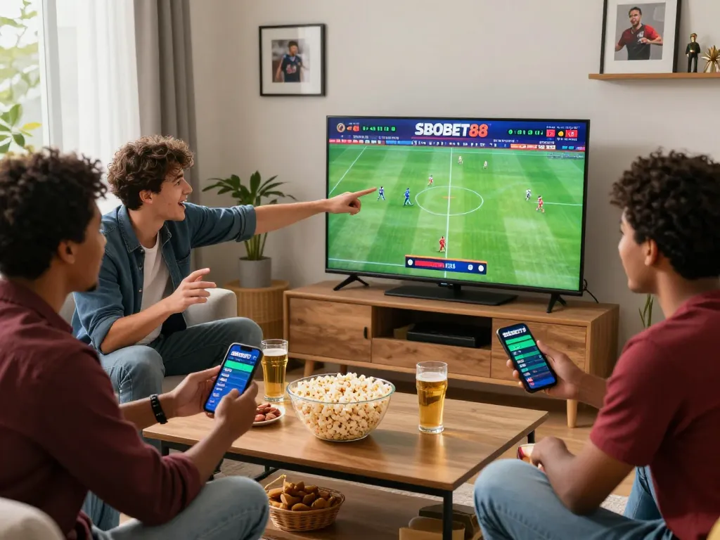SBOBET88 betting excitement in a lively living room with friends watching a sports match.