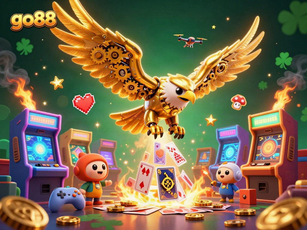 Experience go88's thrilling gameplay with a golden cybernetic eagle amidst vibrant casino elements.