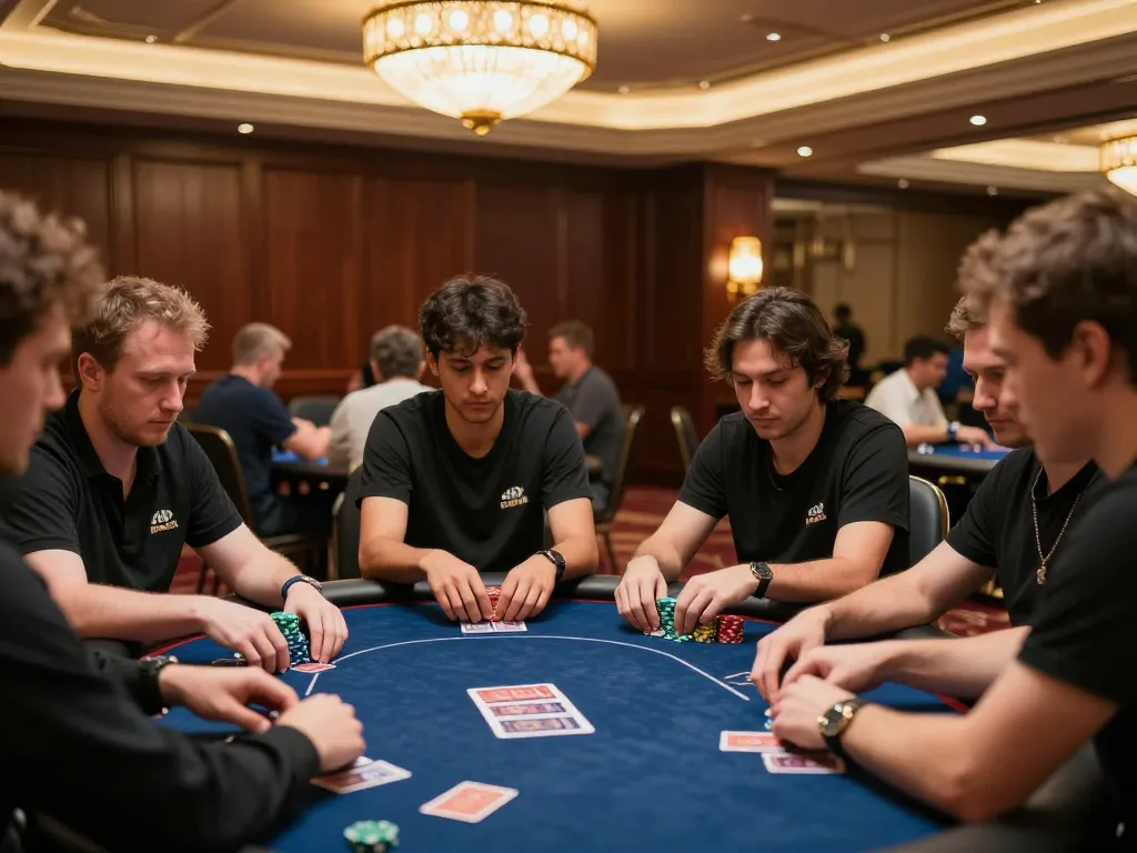 FC88 players strategizing in an upscale poker room, showcasing intense gameplay and rich decor.