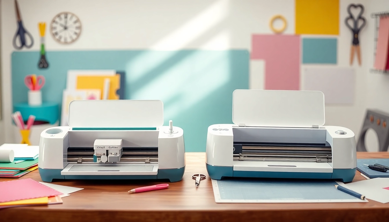 Side-by-side comparison of silhouette vs cricut machines in a vibrant crafting workspace.
