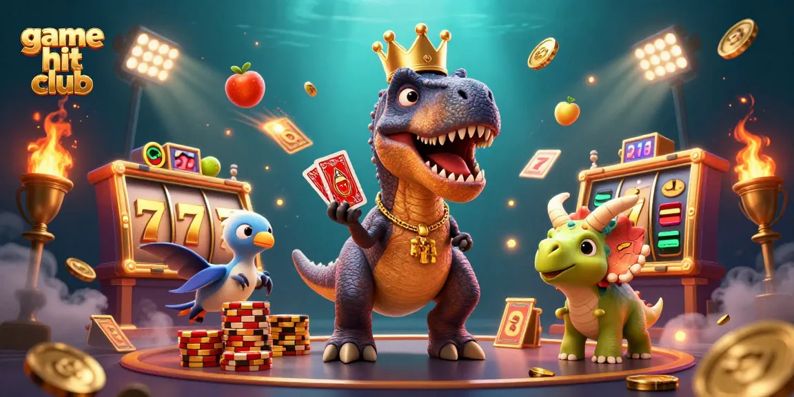 Win big at game hit club with a vibrant illustration of a cartoon T-Rex shuffling casino cards.