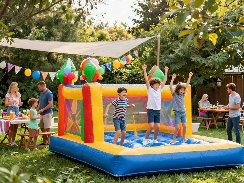 Children having fun in a bounce house for sale during a summer backyard party.