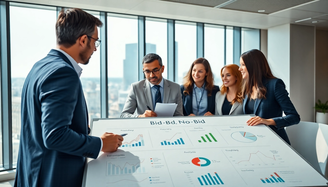 Conducting a detailed Bid-No-Bid Analysis in a collaborative business meeting.