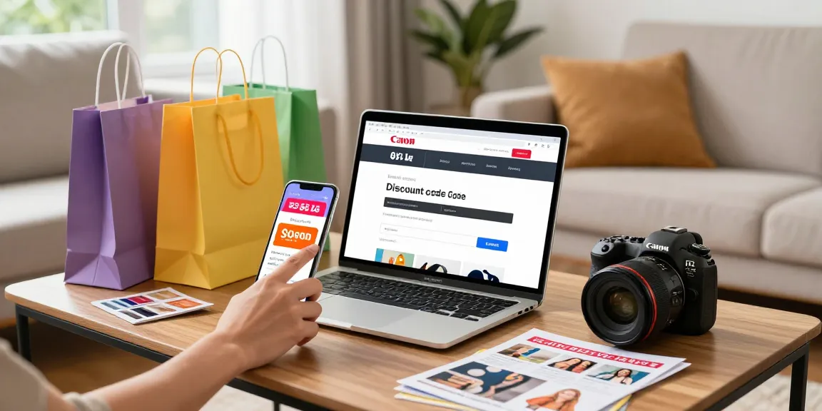 Browsing a discount code website in the Netherlands with colorful bags around.
