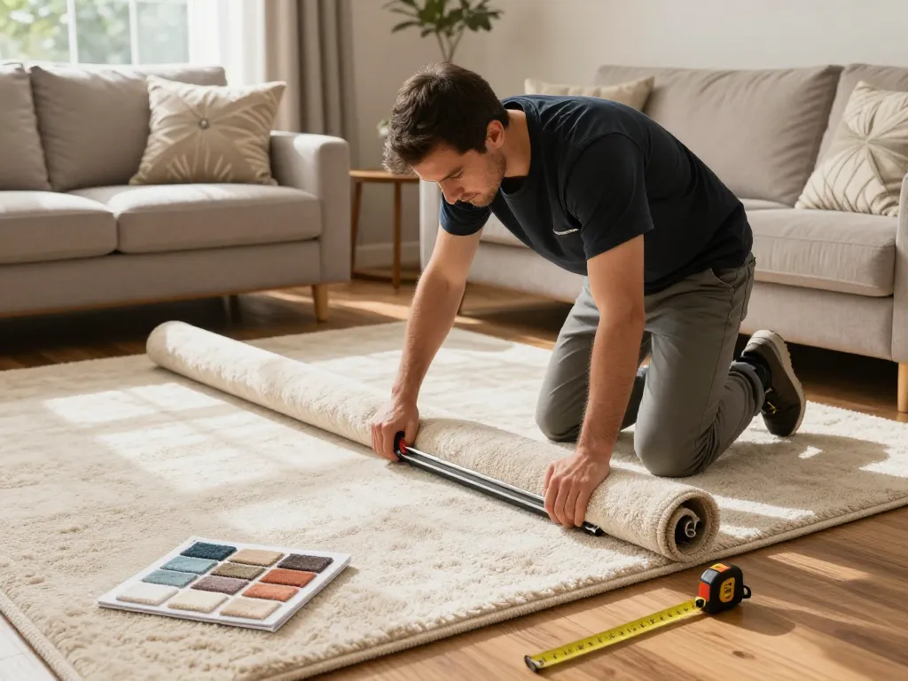 Professional carpet fitters near me installing plush carpet in a cozy living room with sunlight streaming in.