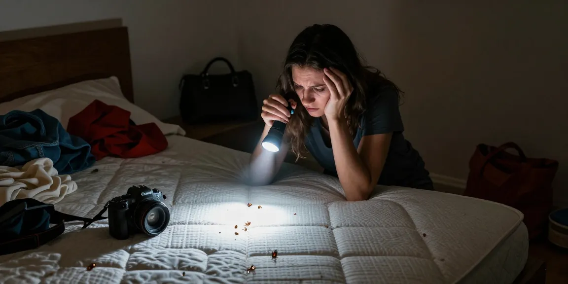 Homeowner checking mattress seams for bed bug treatment signs amid a bed bug infestation.