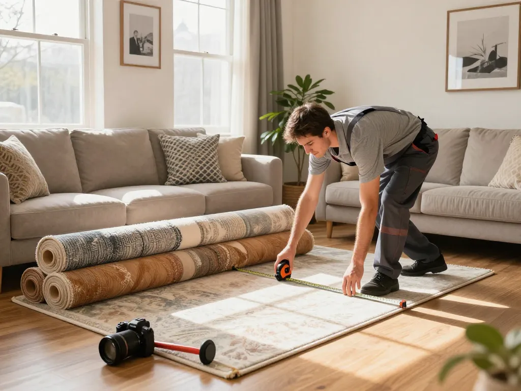 Carpet fitters near me measuring living room for new carpet installation with professional tools and colorful samples.