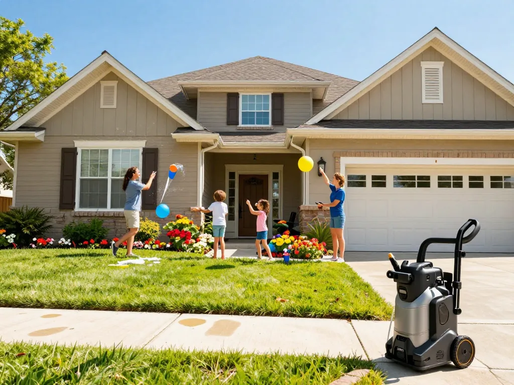Residential exterior cleaning of a family's home, parents enhancing their home's facade, vibrant yard, and joyful atmosphere.