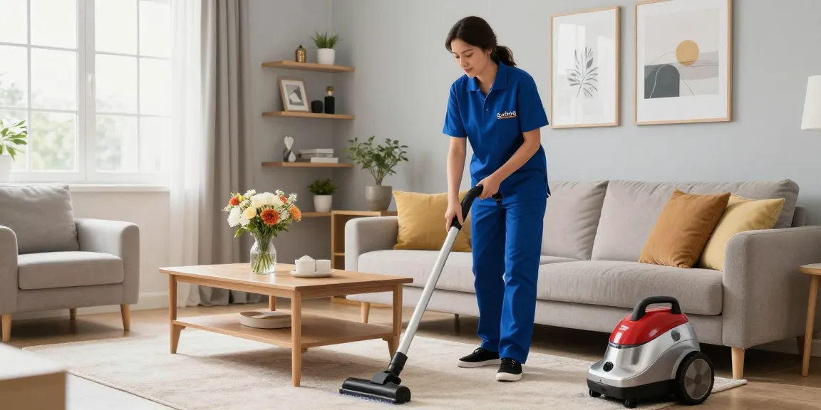 Expert reinigungen in a pristine living room with a professional cleaner ensuring a spotless environment.