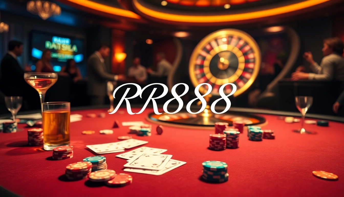 RR88 poker table scene showcasing vibrant playing cards and chips in an exciting casino ambiance.
