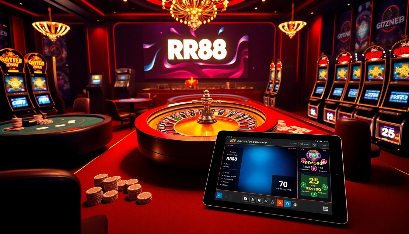 RR88 online gambling scene with roulette, poker tables, and dynamic slot machines.